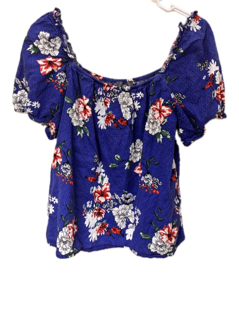 Primark Blue Floral Peasant Top | 100% Cotton Puff Sleeve Boho Blouse Size 8